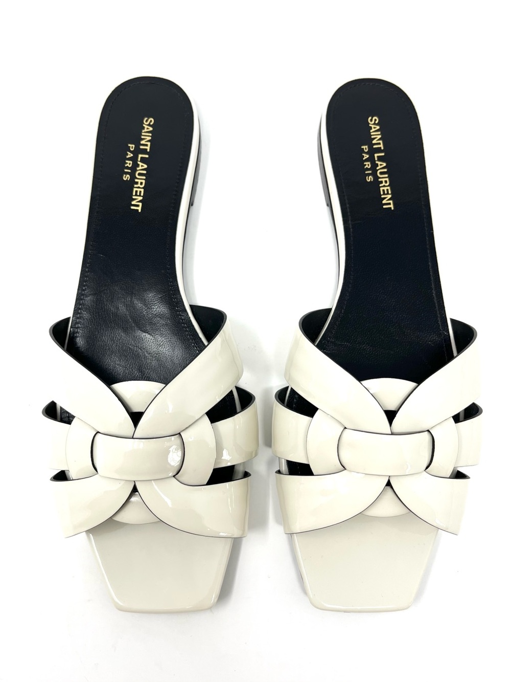 Saint Laurent YSL Flat Ivory Cream Patent Leather Tribute Slides Sandals 42 12